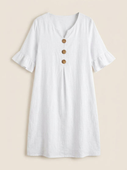 Vanesa - Vestido con Textura de Lino con Manga Abullonada y Botones