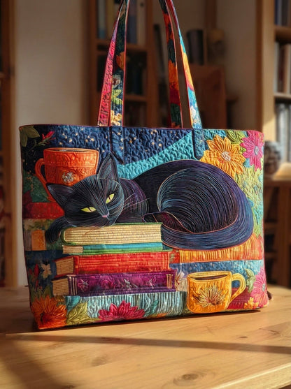 Bolso Artesanal “Gato Negro con Libros y Tazas”
