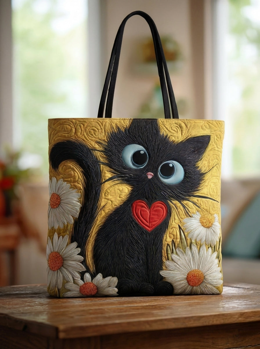 Bolso Artesanal “Gato Negro con Corazón y Margaritas”