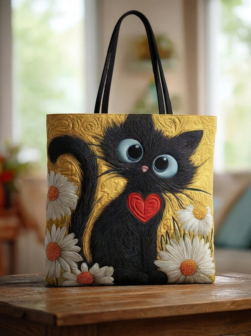 Bolso Artesanal “Gato Negro con Corazón y Margaritas”