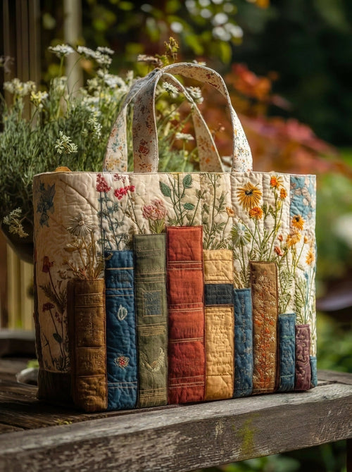 Bolso Artesanal Acolchado "Libros y Flores"
