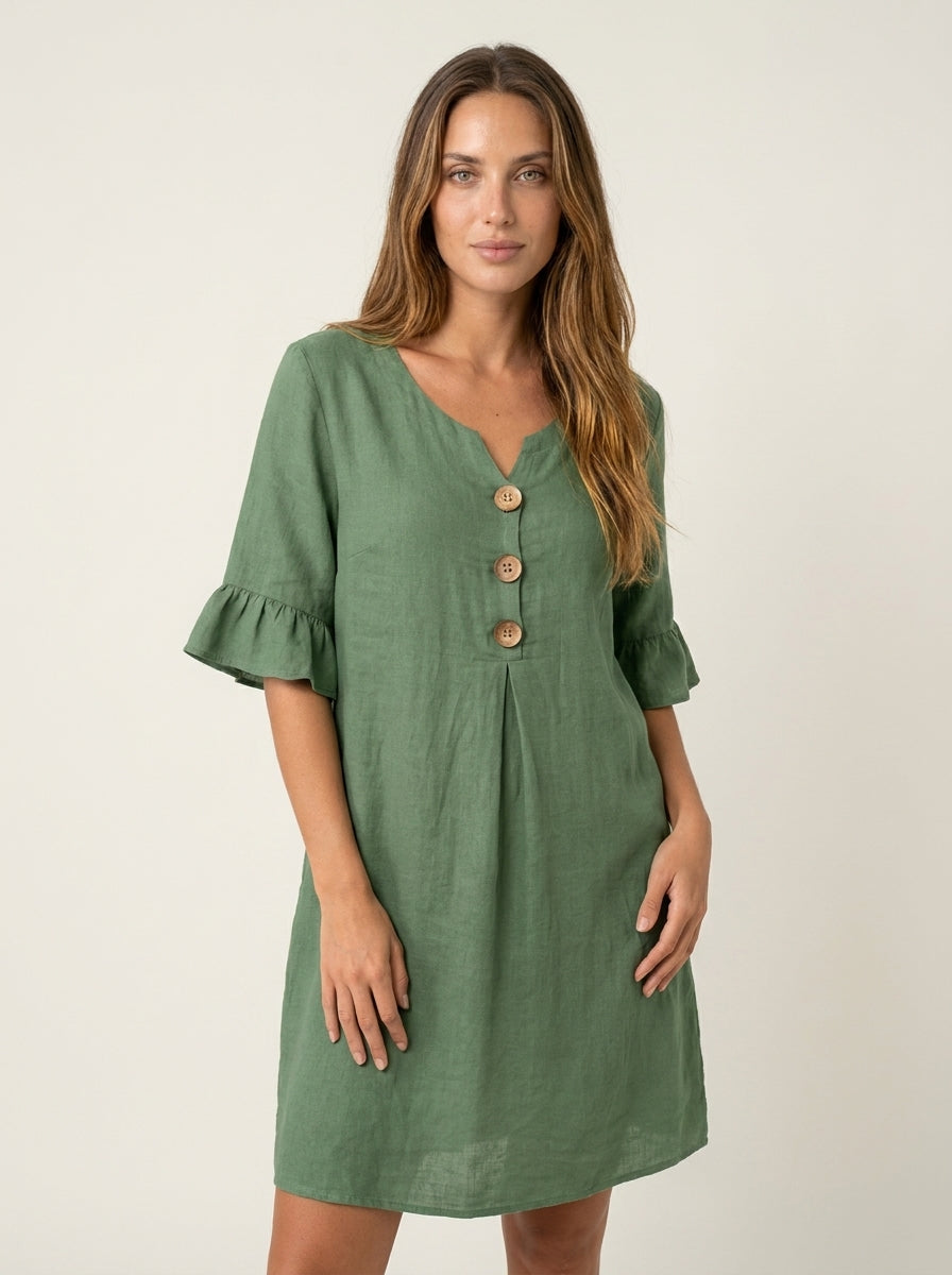 Vanesa - Vestido con Textura de Lino con Manga Abullonada y Botones