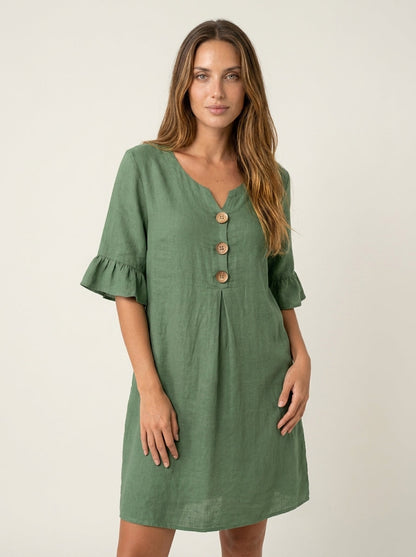 Vanesa - Vestido con Textura de Lino con Manga Abullonada y Botones