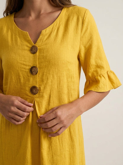 Vanesa - Vestido con Textura de Lino con Manga Abullonada y Botones