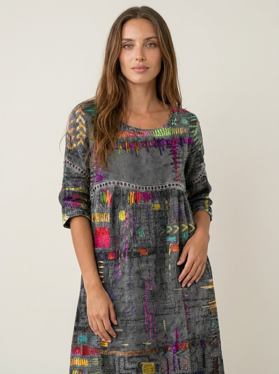 Manuela - Vestido Denim con Patchwork Étnico