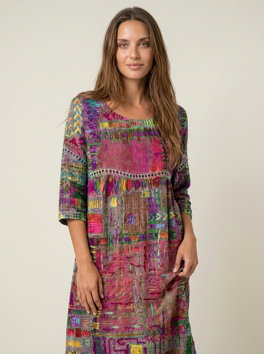 Manuela - Vestido Denim con Patchwork Étnico