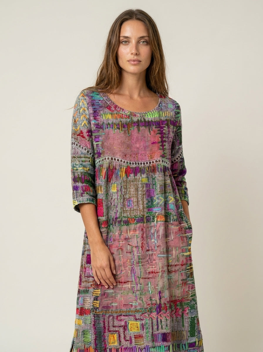 Manuela - Vestido Denim con Patchwork Étnico