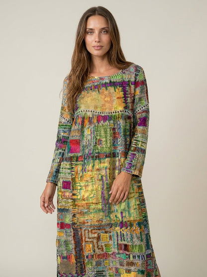 Manuela - Vestido Denim con Patchwork Étnico