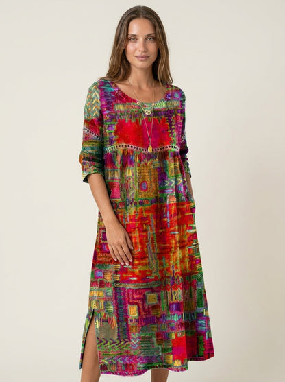 Manuela - Vestido Denim con Patchwork Étnico