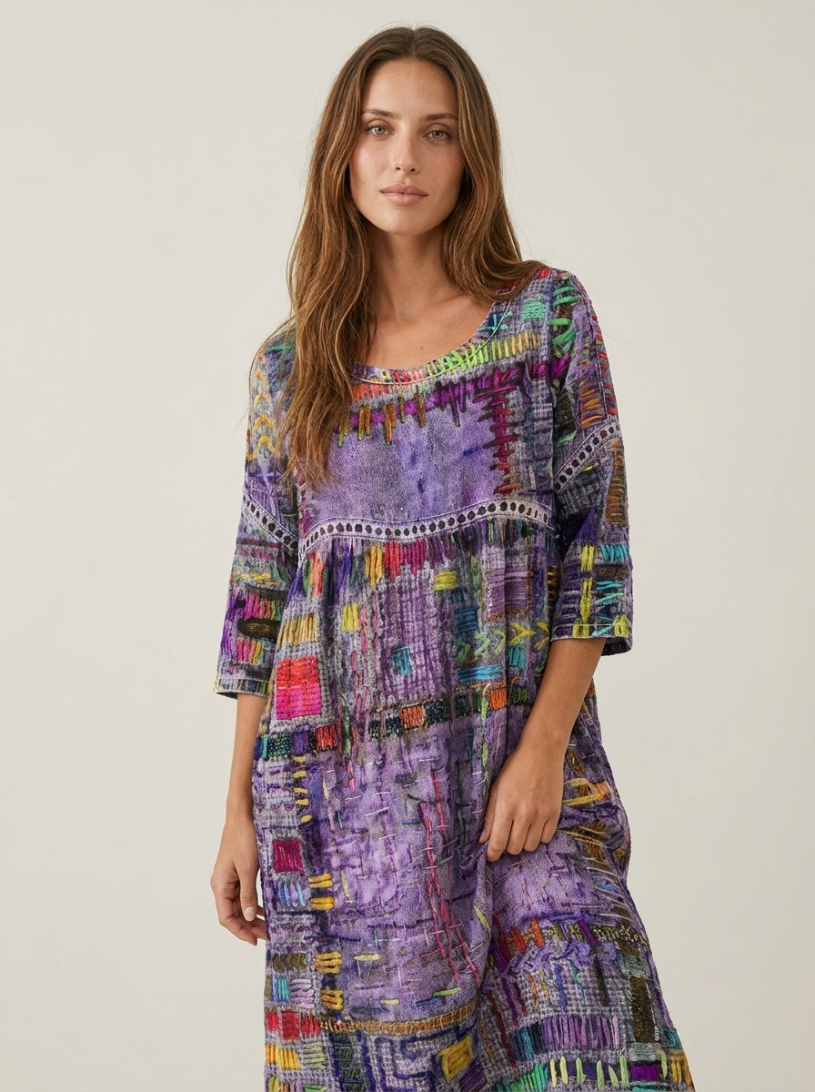 Manuela - Vestido Denim con Patchwork Étnico