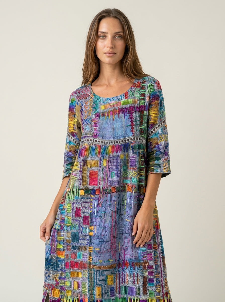 Manuela - Vestido Denim con Patchwork Étnico