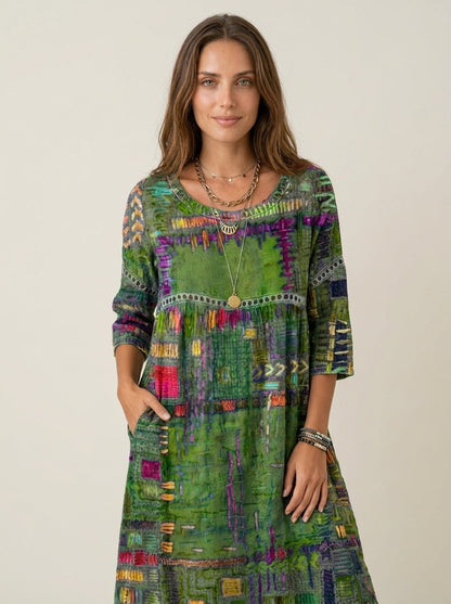 Manuela - Vestido Denim con Patchwork Étnico