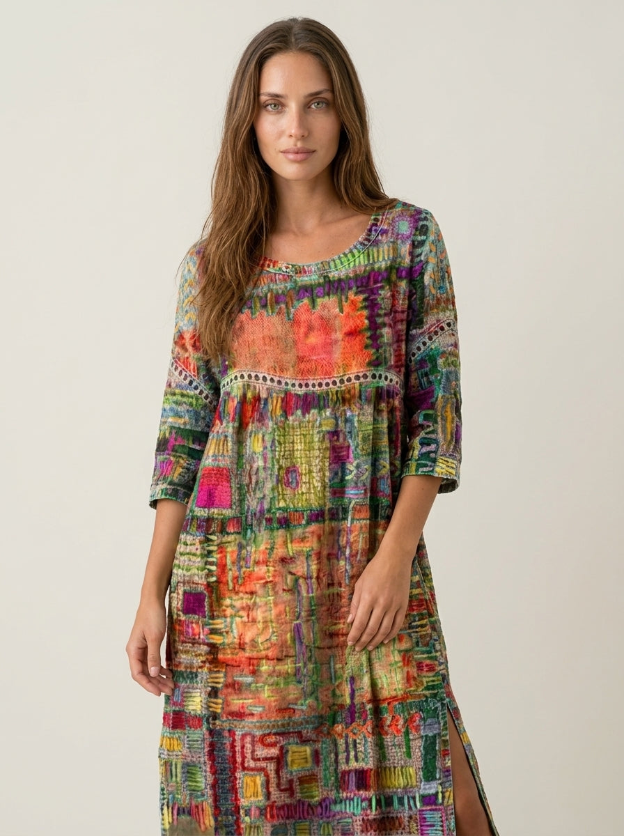Manuela - Vestido Denim con Patchwork Étnico