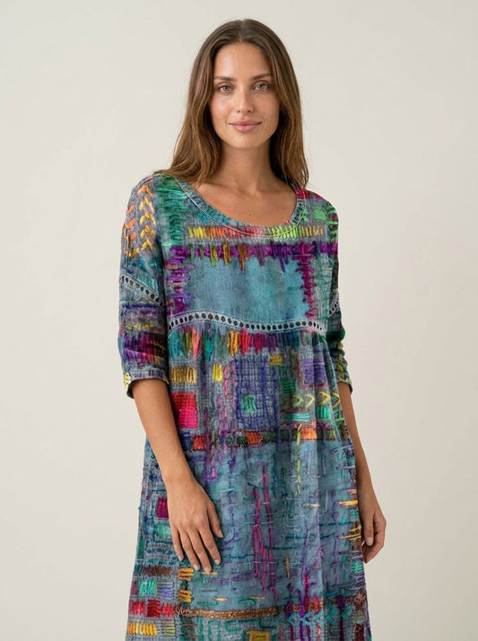 Manuela - Vestido Denim con Patchwork Étnico