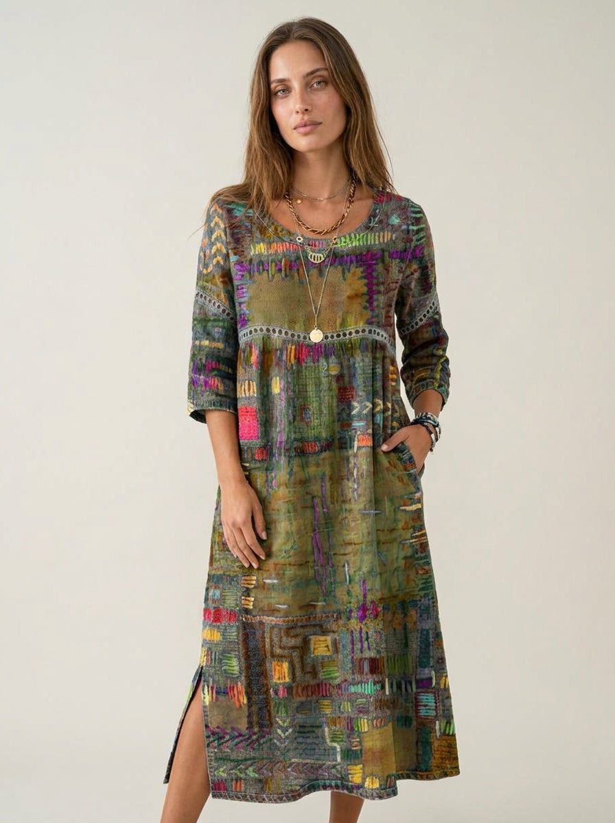 Manuela - Vestido Denim con Patchwork Étnico