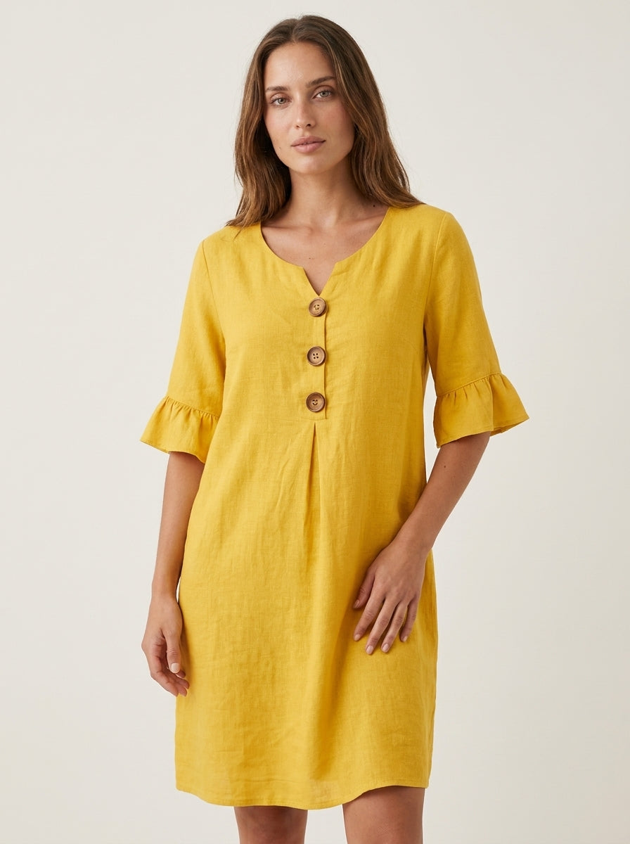 Vanesa - Vestido con Textura de Lino con Manga Abullonada y Botones
