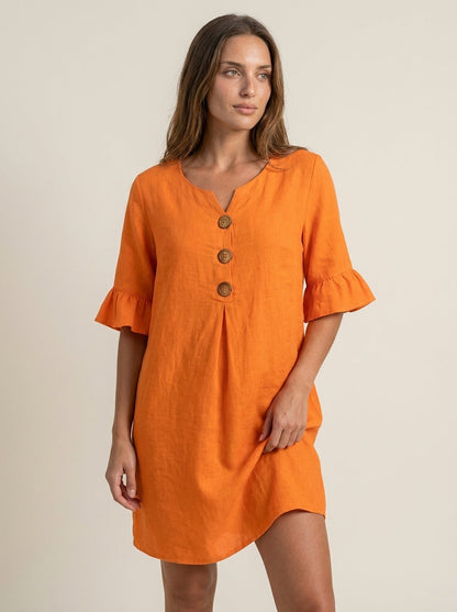 Vanesa - Vestido con Textura de Lino con Manga Abullonada y Botones