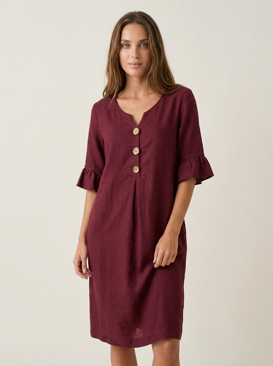 Vanesa - Vestido con Textura de Lino con Manga Abullonada y Botones