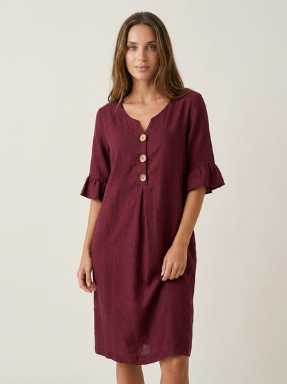 Vanesa - Vestido con Textura de Lino con Manga Abullonada y Botones