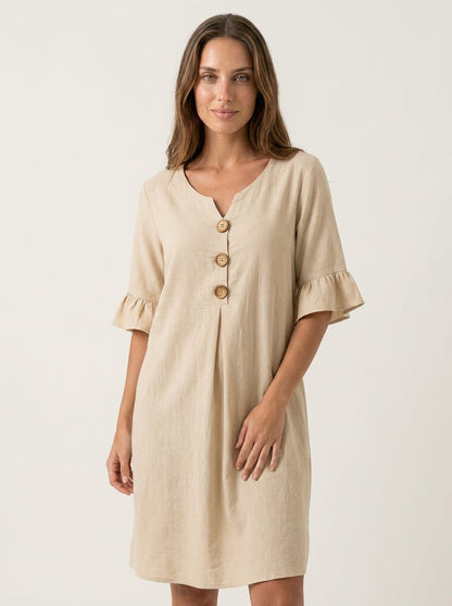 Vanesa - Vestido con Textura de Lino con Manga Abullonada y Botones