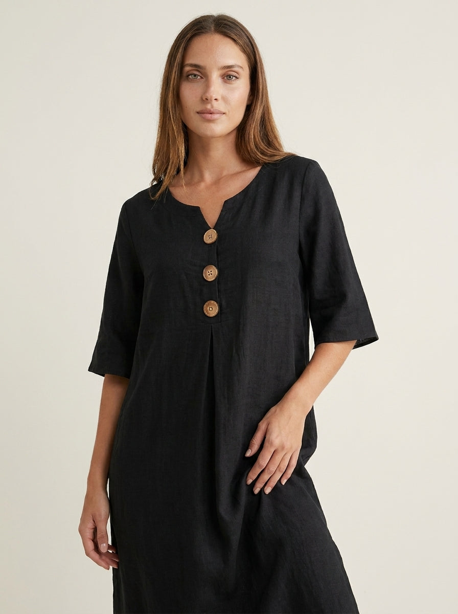Vanesa - Vestido con Textura de Lino con Manga Abullonada y Botones