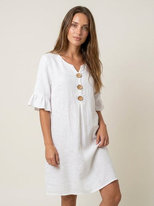 Vanesa - Vestido con Textura de Lino con Manga Abullonada y Botones