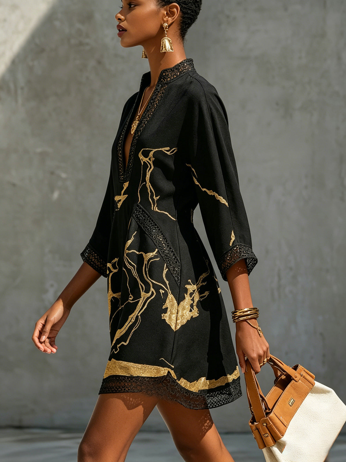 Donatella vestido negro estampado mármol dorado - talla L