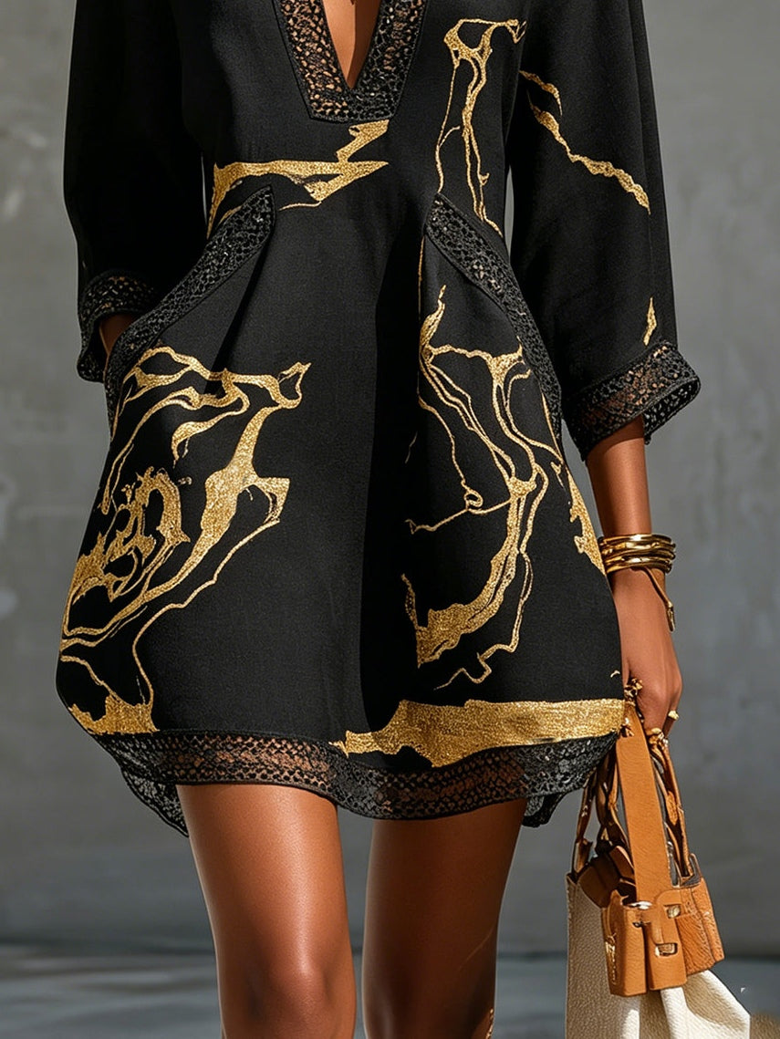 Donatella vestido negro estampado mármol dorado - talla XL