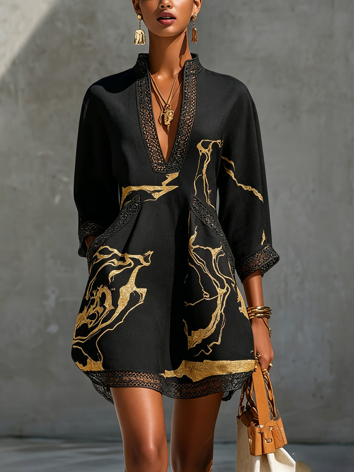 Donatella vestido negro estampado mármol dorado - talla 2XL