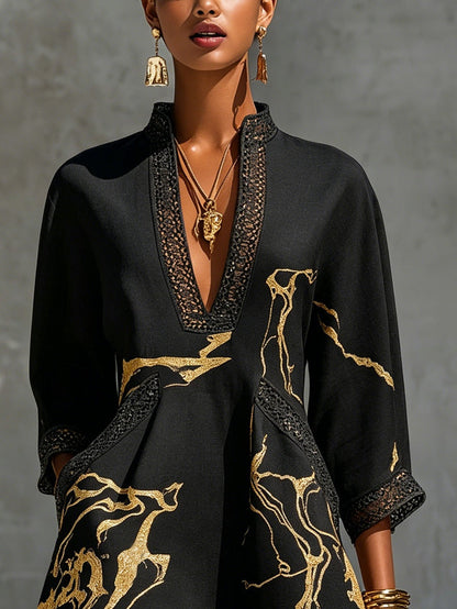 Donatella vestido negro estampado mármol dorado - talla M