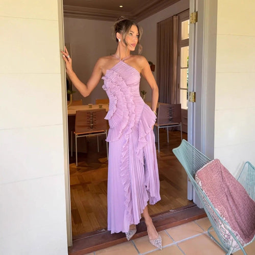 Pleated Halter Neck Backless Dress