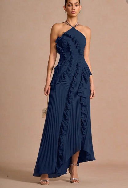 Pleated Halter Neck Backless Dress