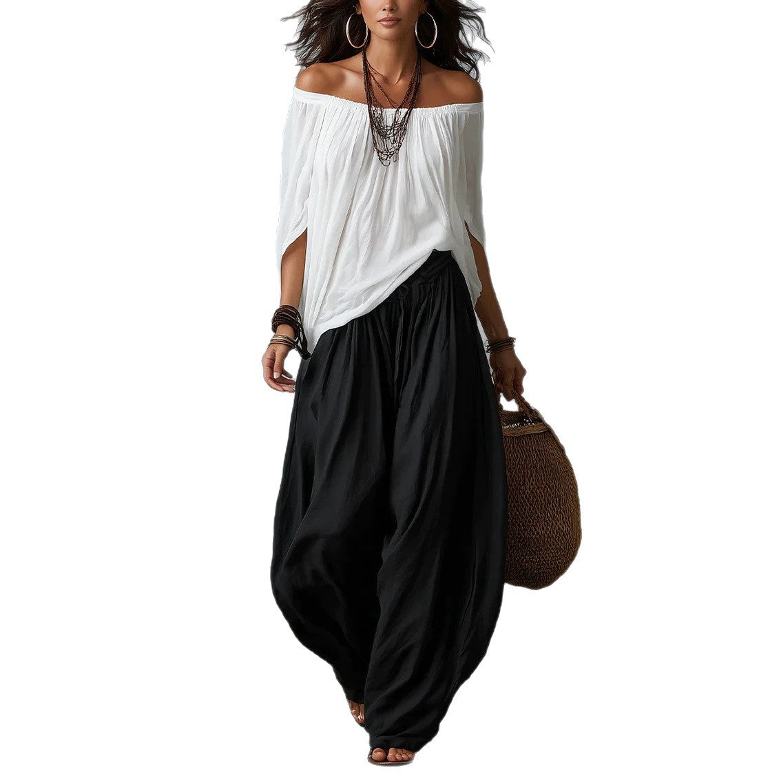 Conjunto blusa blanca hombros descubiertos y pantal�n palazzo negro