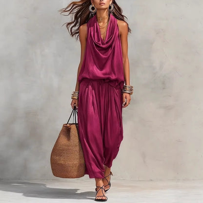Women's Elegant Workwear Draped Collar Vest and Casual Pants Set