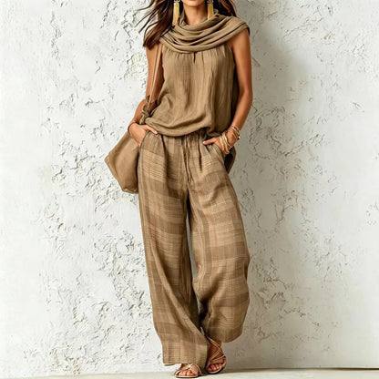 Women's Retro Sleeveless Top and Plaid Pants Set
