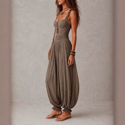 Conjunto de bandeau de encaje gris y pantalones harem de algod�n plisados