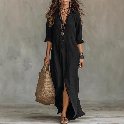 Casual Solid Color Lapel Front Slit Long Dress
