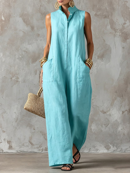 Sleeveless Linen Blend Wide-Leg Jumpsuit with Stand Collar