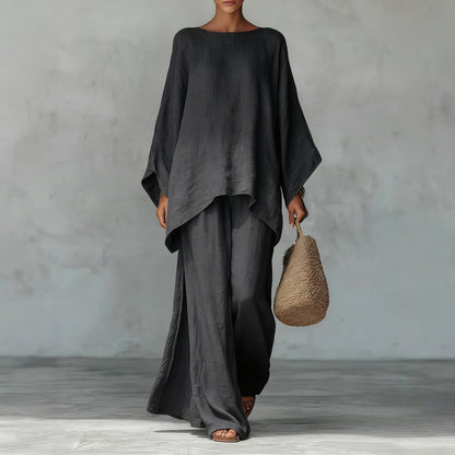 Womens Elegant Loose Cotton Linen Top Wide Leg Pants Casual Set