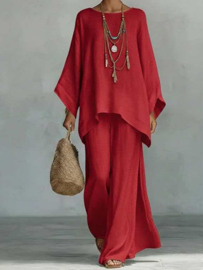 Womens Elegant Loose Cotton Linen Top Wide Leg Pants Casual Set