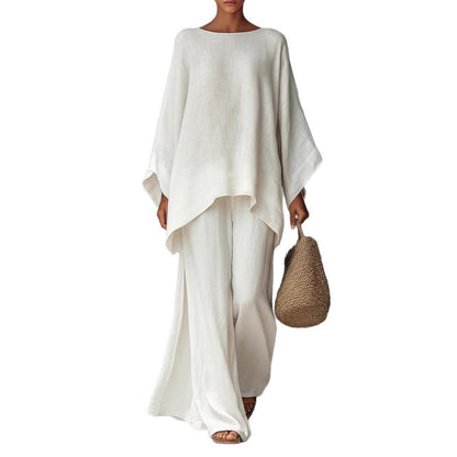 Womens Elegant Loose Cotton Linen Top Wide Leg Pants Casual Set