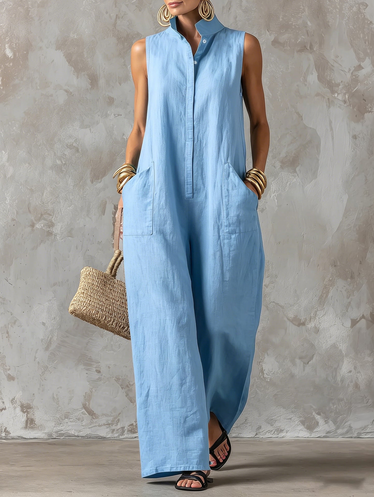 Sleeveless Linen Blend Wide-Leg Jumpsuit with Stand Collar