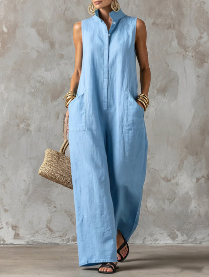 Sleeveless Linen Blend Wide-Leg Jumpsuit with Stand Collar