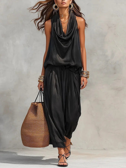 Women's Elegant Workwear Draped Collar Vest and Casual Pants Set