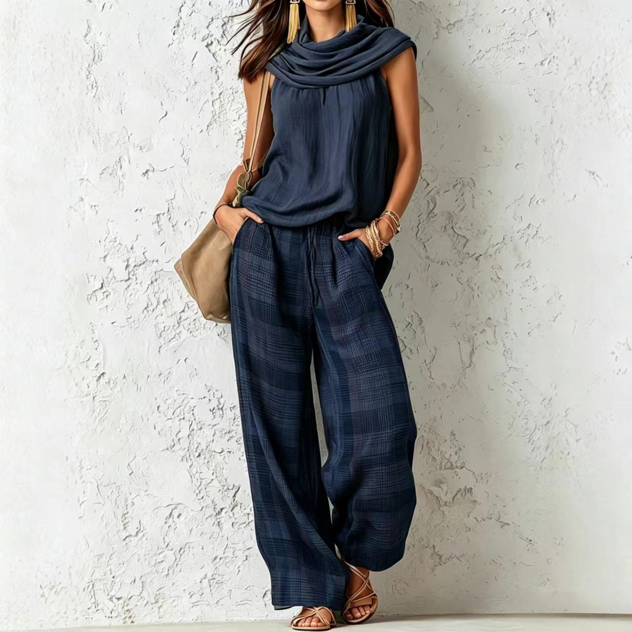 Women's Retro Sleeveless Top and Plaid Pants Set
