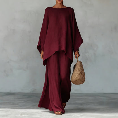 Womens Elegant Loose Cotton Linen Top Wide Leg Pants Casual Set