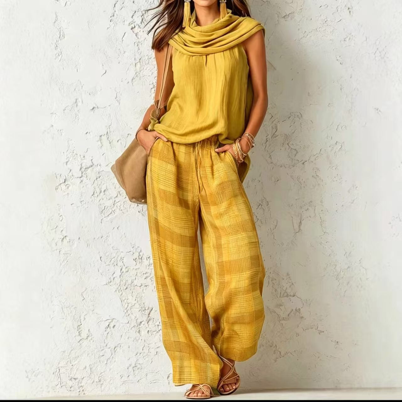 Women's Retro Sleeveless Top and Plaid Pants Set