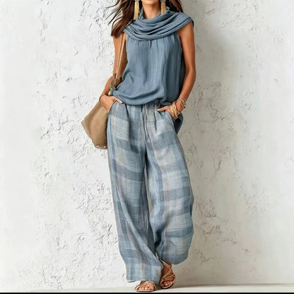 Women's Retro Sleeveless Top and Plaid Pants Set