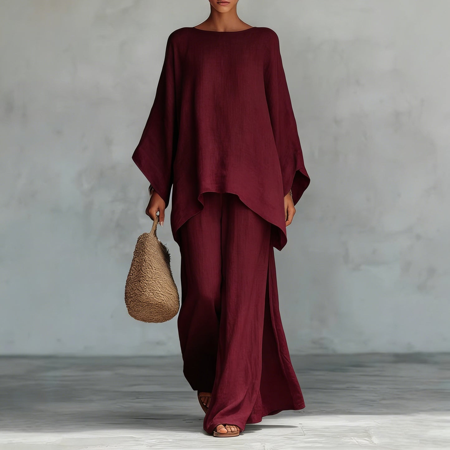 Womens Elegant Loose Cotton Linen Top Wide Leg Pants Casual Set