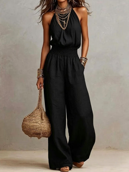 Solid-color sleeveless wide-leg jumpsuit
